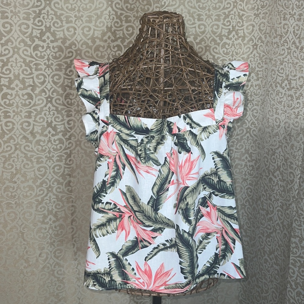 EUC! LOFT Fun Summer Linen Top with Ruffle Trim Straps, L, White, Green & Pink